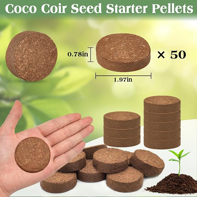 ZeeDix 50pcs(50mm) Coco Coir Pellets Potting Soil Indoor Plants, Compressed Coconut Coir Soil Pellets Seed Starting Pellets Discs for Planting Flowers Bonsai Herbs Plants and Vegetables