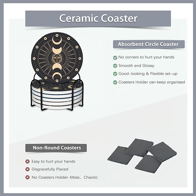 Drink Coasters Set of 6 with Holder,Gold Sun Moon Clouds Stars Absorbent Ceramic Coasters with Cork Base,Fit All Cups,Tabletop Protection Mat for Mugs and Cups,Office,Kitchen