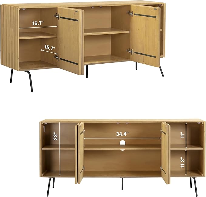 NTC Veil Modern Sideboard with 4 Doors, Buffet Cabinet with Vertical Groove Design and Metal Legs, Storage Cabinet for Living Room, and Hallway, Effortless Assembly, Sand