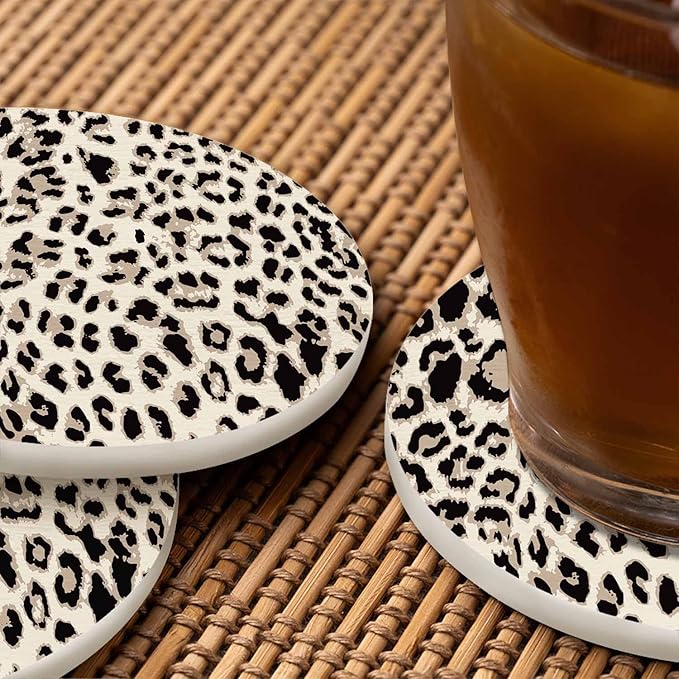 Leopard Skin Coasters for Coffee Table Cheetah Beige Brown Tiger Leather Spotted Wild Animal Fur Nature Housewarming Presents for Women Men Home Decor Office Kitchen Living Room 2 Pcs