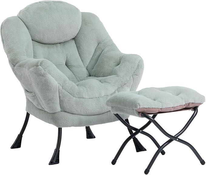 HollyHOME Fabric Lazy Chair with Foldable Ottoman, Accent Comfy Lounge Arm Chair and Folding Footrest Stool Set, Leisure Sofa Reading Chair and Footstool for Living Room, Bedroom, Dorm, Pea Green