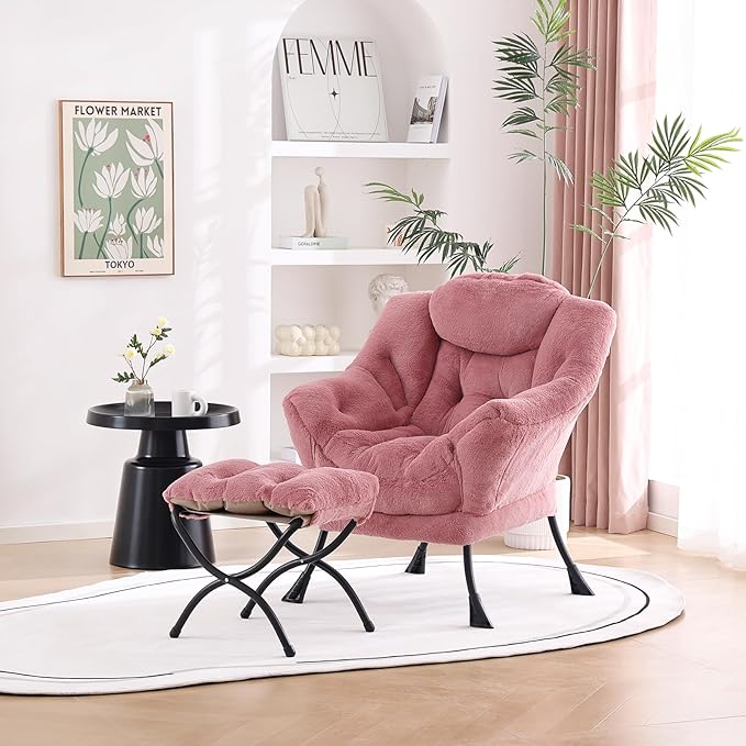 Welnow Lazy Chair with Ottoman, Modern Lounge Accent Chair with Armrests and a Side Pocket, Leisure Sofa Armchair Set, Reading Armchair with Footrest for Small Space, Plush Dark Pink
