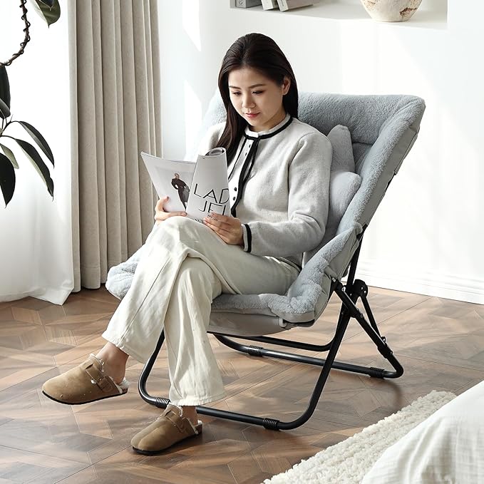 Welnow Comfy Saucer Chair, Oversized Folding Reading Chair for Adults with Throw Pillow Soft Faux Fur Lounge Chair for Bedroom Furry Accent Chair for Living Room, Dorm Rooms, Grey