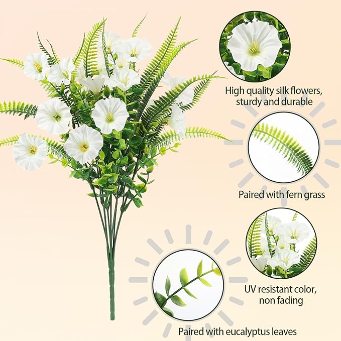Artificial Flowers Outdoors 12 Bundles White Artificial Petunias Fake Flowers UV Resistant Shrubs Plants with Fern for Indoor Outside Hanging Planters Home Garden Summer Decorations
