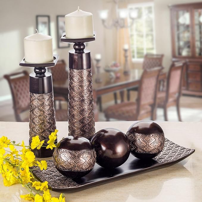 Creative Scents Dublin Brown Tray and Ball Set - Living Room, Entry Table Decor Centerpiece Table Decorations - Decorative Tray for Dining Room, Accent Decor Bowl for House Decoration