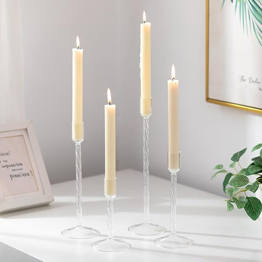 Glasseam Glass Candlestick Holders Clear: Taper Candle Holders Set of 4 Tall Candle Stick Candle Holder for Tapered Candles Decorative Candle Holders for Table Centerpiece Wedding Christmas Home Decor