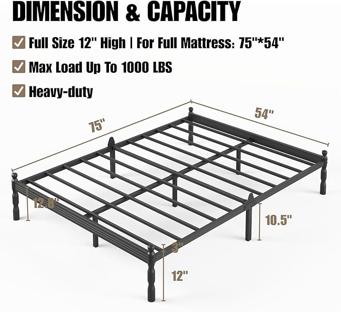 12 Inch Full Size Bed Frame Keep Mattress from Sliding, Full Platform Bed Frames No Box Spring Needed, Heavy Duty Metal Bedframe, Non-Slip, Easy Assembly