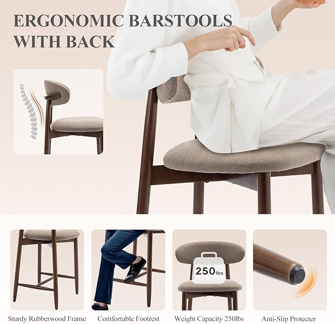 COLAMY Counter Height Bar Stools Set of 3, Kitchen Bar Stools with Back, Mid Century Modern Upholstered, with Wood Legs for Kitchen Island Dining Room, Camel