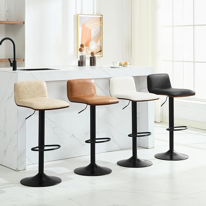 Set of 2 Swivel Bar Stools Adjustable Height, Faux Leather Barstools with Wooden Back and Footrest, Counter Height Bar Height Chairs for Kitchen Island, Dining Room, Black