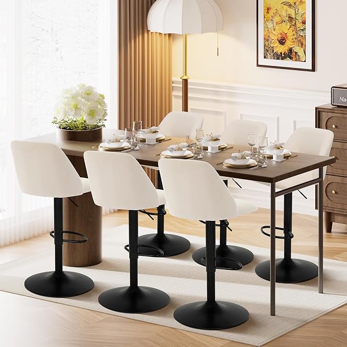 COLAMY Bar Stools Set of 6, Modern Swivel Bar Chairs, Adjustable Upholstered Barstools Counter Height with Full Backrest for Bar, Dining Room, Kitchen Island, Beige