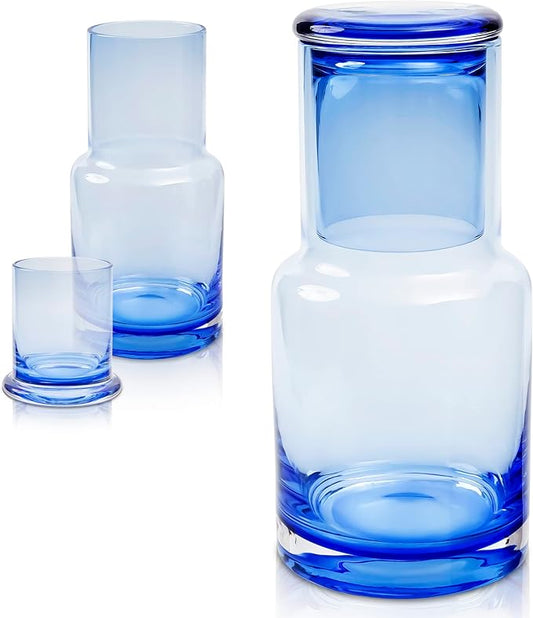 Bedside carafe and glass set, Ombre blue glass bedside carafe with glass that sits inside the carafe, drip free, modern design. 100% dishwasher safe.