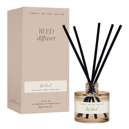 Sweet Water Decor Weekend Reed Diffuser – Room Decor Aesthetic with Long-Lasting Premium Fragrance of Citrus, Sage, Lavender, Amber, Tonka Bean for 4 Months – Ideal for Aromatherapy and Home Decor
