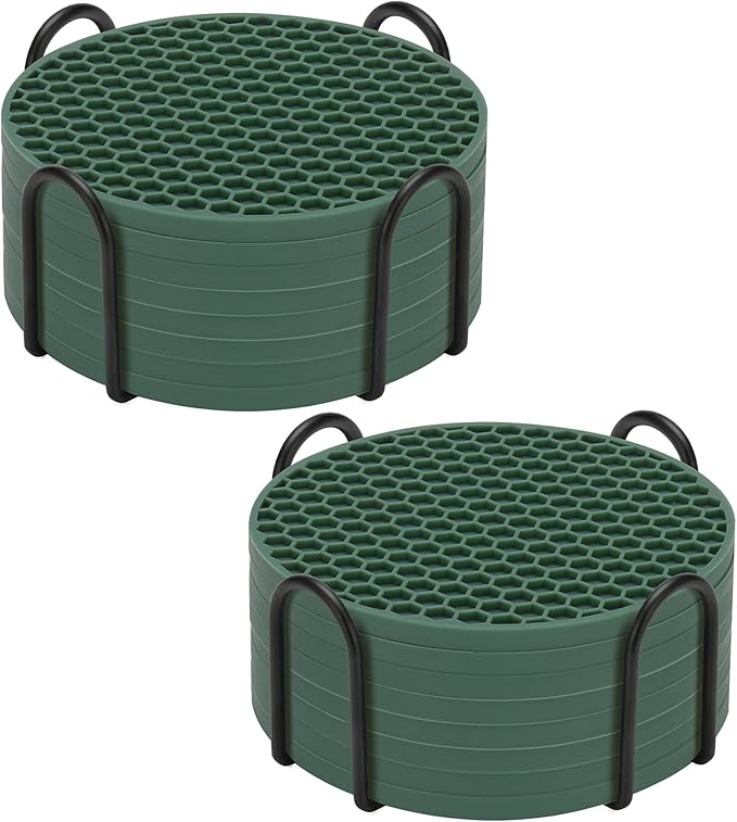 Silicone Coaster Set of 16 with Holder, Drinks Coasters, Beer & Coffee, Hot or Cold, Anti-Slip, Non-Stick, Anti-Overflow Tabletop Protection and Decor (Green, 16 Pcs)