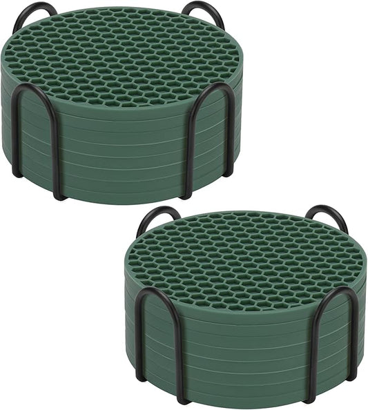 Silicone Coaster Set of 16 with Holder, Drinks Coasters, Beer & Coffee, Hot or Cold, Anti-Slip, Non-Stick, Anti-Overflow Tabletop Protection and Decor (Green, 16 Pcs)