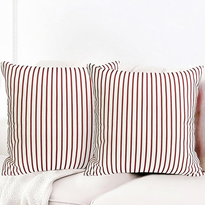 Decorative Throw Pillow Covers Set of 2 Wine Red Striped Pillow Covers 18x18 Inch Throw Pillow Cover Linen Pillowcase Modern Farmhouse Outdoor Pillow Covers for Couch Sofa Living Room