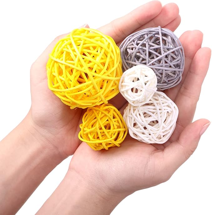 Patelai 36 Pcs Wicker Rattan Balls Decorative Balls for Vase Centerpiece Bowls Orbs Filler for Home Decor,4 Sizes(Yellow, Gray, White)