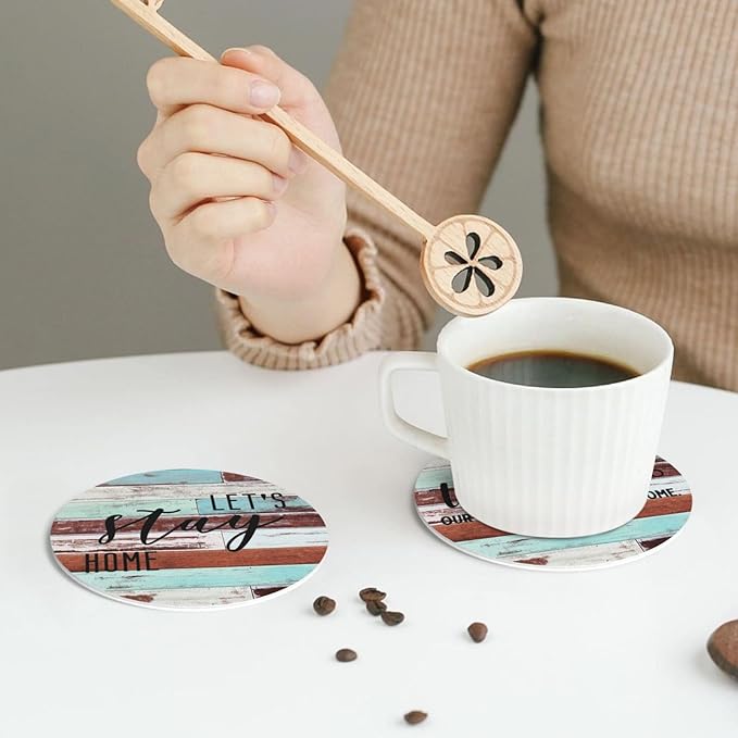 Farmhouse Wooden Home Coasters Set of 6 Coasters for Drinks Absorbent Double-Sided Leather PVC Coaster for Tabletop Protection Coffee Table Decor Ideal for Home Decor House Warming Gifts