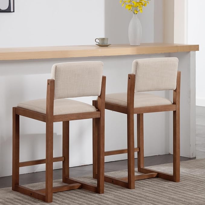 Mid-Century Bar Stools Set of 2, 26 Inch Modern Counter Stools Linen Fabric Bar Chairs with Backrest Wooden Frame for Kitchen Island Dining Room, Beige
