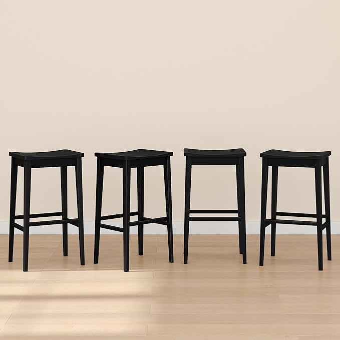 Plank+Beam Smythe Bar Stool, 30", Set of 4, Sturdy Wood Modern Kitchen Bar Height Stool, Saddle Seat Backless Bar Chair, Metal Footrest, Black