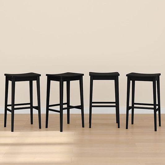Plank+Beam Smythe Bar Stool, 30", Set of 4, Sturdy Wood Modern Kitchen Bar Height Stool, Saddle Seat Backless Bar Chair, Metal Footrest, Black