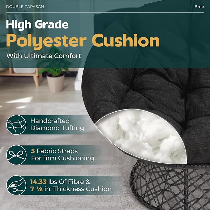 Bme Double Papasan Chair, 600lbs Capacity, Ergonomic Design, Soft Thick Fabric Cushion, Bee-Designed, Durable Steel Frame, 61", Onyx Stone-Black Base