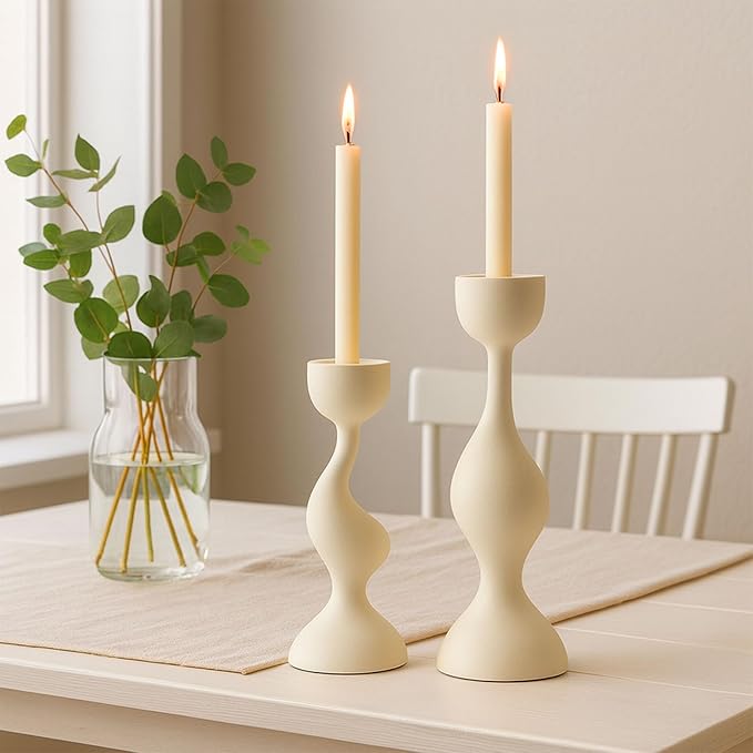 Smtyle Ivory Tapered Candlestick Holders Cast Aluminum Candle Stick Holders Set of 2 for Taper Candles,Home Decor, Dining Table or Mantel