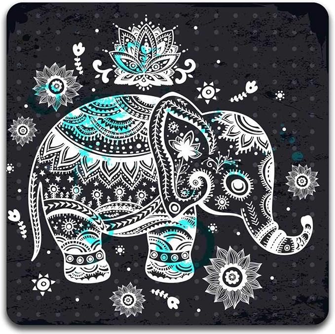 Hand Drawn Elephant Square Coaster Set - Made of Recycled Rubber - Set of 4