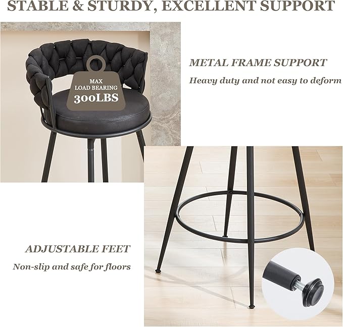 Swivel Black Bar Stools Set of 4, 28 Inches Modern Counter Height Bar Stools with Woven Back, Upholstered Suede Tall Barstools for Kitchen Island, Cafe