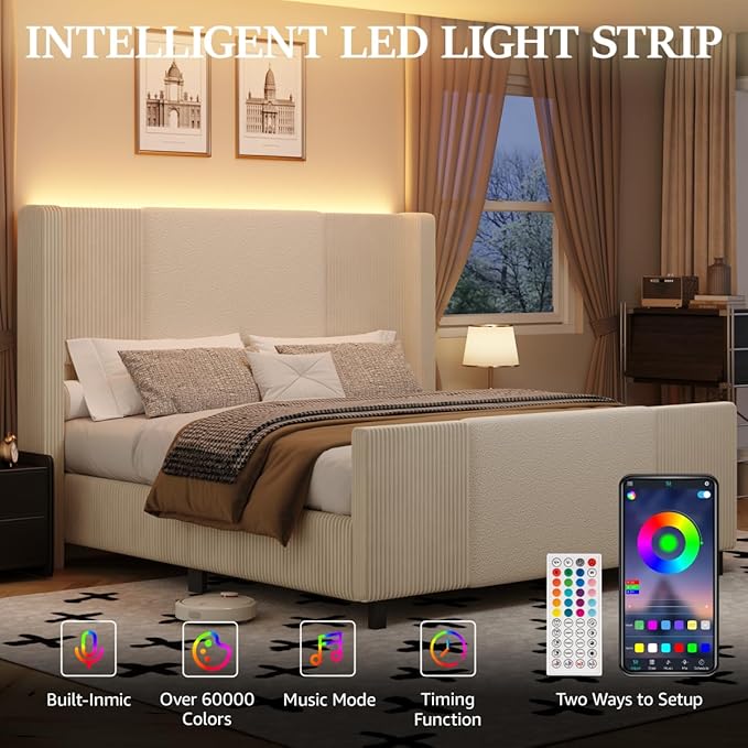 Queen Size Bed Frame with Tall Headboard and Footboard, Boucle and Corduroy Upholstered Bed Frame Queen with LED Lights, Modern Platform Bed Frames, Noiseless, Easy Assembly, Beige