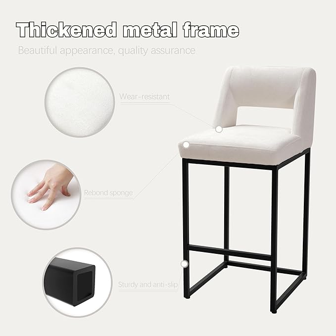 Black and White Counter Height Bar Stools Set of 6 for Kitchen Counter Modern Bar Chairs with Backs for Kitchen Island with Upholstered Fabric Seat and Metal Frame, 26 Inch