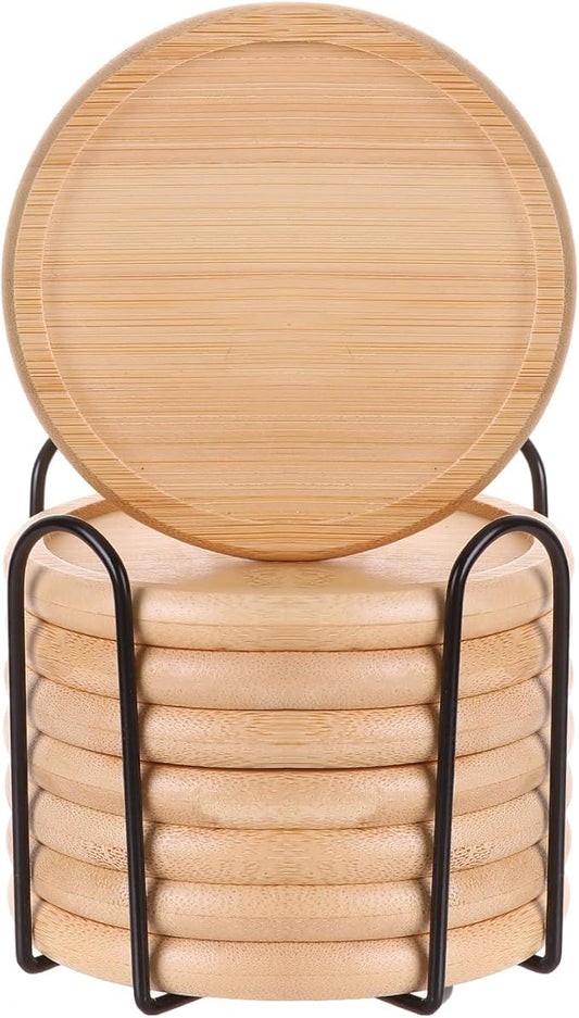 Bamboo 4 inch coaster [8 pcs] Coasters with Holder - Drinking Coasters - Cup Mat for Drinks - Live for Hot or Cold Drink - Non-slip and non-stick,Suitable for Kinds Cups and Living Room Decor