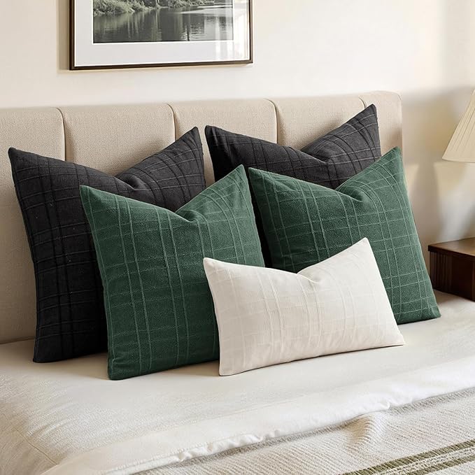 MIULEE Christmas Decorative Linen Check Euro Shams Throw Pillow Covers Neutral Farmhouse Vintage Pillow Covers 24x24 Set of 2 Boho Modern Home Decor for Sofa Couch Bedroom Cushion Dark Green