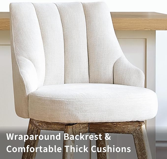 IWOOD Counter Height Bar Stools,Swivel Bar Stools with Backs,Barstools Set of 3,26'' Solid Wood Legs,Thick Seat Upholstered Linen Fabric Counter Height Stools in Beige