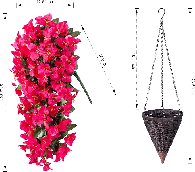 Artificial Bougainvillea Faux Flowers Plants Baskets for Outdoor Outside Summer Decoration, 3 PCS Fake Silk Long Hanging Vines UV Resistant Realistic for Front Door Porch Patio Balcony, Hotpink