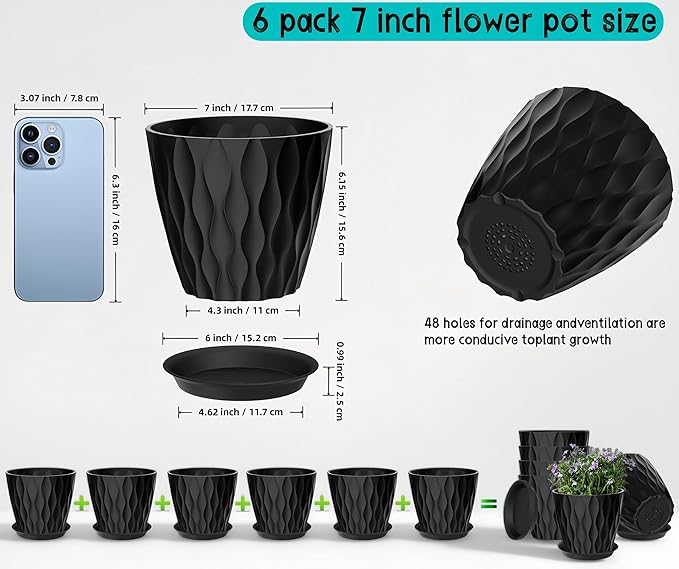 6 Pack 7 Inch Plant Pots with Drainage and Saucers, Black Plastic Flower Pots for Indoor and Outdoor Plants, Stackable Nursery Planters for Houseplants and Herbs, Black