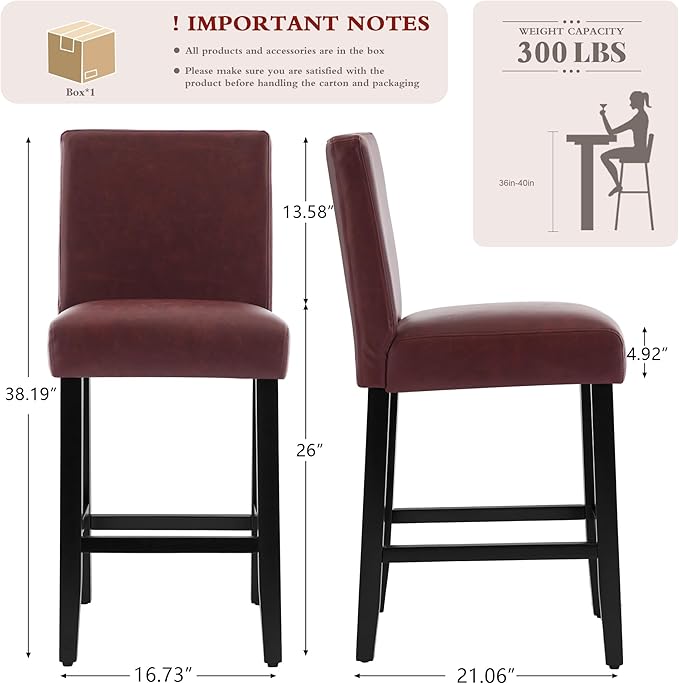 26'' Faux Leather Bar Stools, Modern Upholstered Bar Chairs with Back, Soild Wood Legs Barstools for Kitchen Island, Red