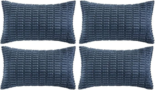 Fancy Homi 4 Packs Dusty Blue Decorative Throw Pillow Covers 12x24 Inch for Living Room Couch Bed Sofa, Rustic Farmhouse Boho Home Decor, Soft Plush Striped Corduroy Square Cushion Case 30x60 cm
