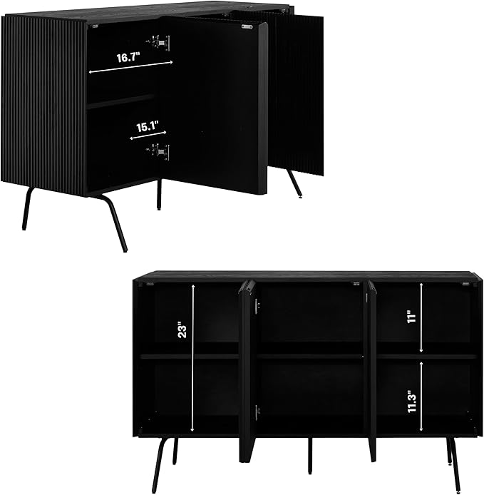 NTC Veil Modern Sideboard with 3 Doors, Buffet Cabinet with Vertical Groove Design and Metal Legs, Storage Cabinet for Living Room, and Hallway, Effortless Assembly - Burnt Black