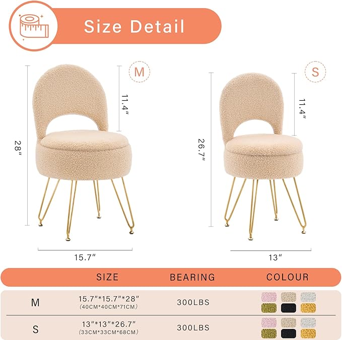 Ottoman Teddy Velvet Vanity Stool Chair with Folding Back Multifunctional Upholstered Makeup Chair, 4 Metal Legs with Anti-Slip Feet for Bedroom Living Room Entryway