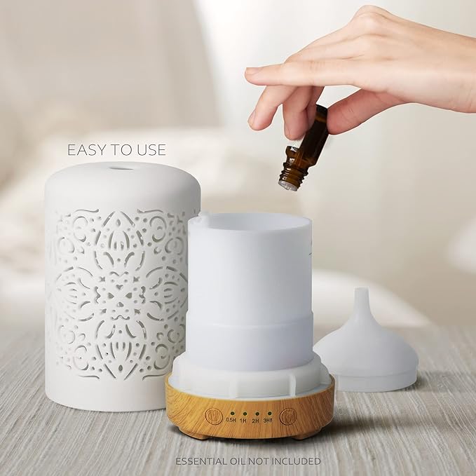 Earnest Living Essential Oil Diffuser Gift Set White Ceramic Diffuser 100 ml & Essential Oil Set Timers Night Lights Auto Off Function Home Office Humidifier Aromatherapy Diffusers for Essential Oils