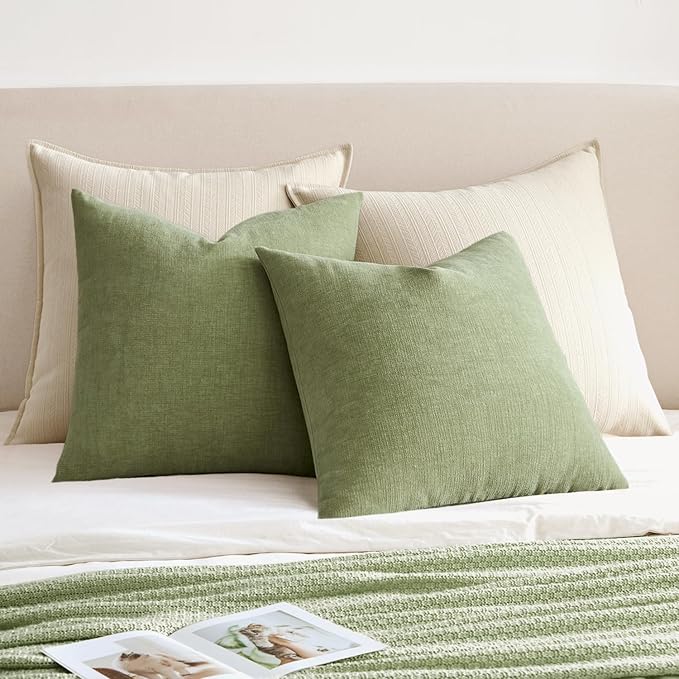 MIULEE Sage Green Couch Pillow Covers 20x20 Inch, Set of 2 Soft Spring Chenille Decorative Square Throw Pillow Covers Farmhouse for Sofa Living Room Bed