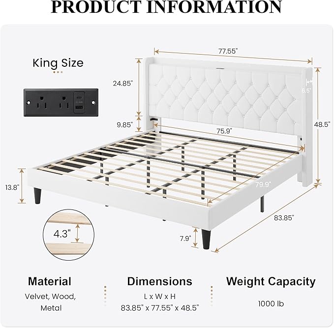 SHA CERLIN King Size Platform Bed Frame with Charging Station, Velvet Wingback Headboard with Storage Shelf, Wooden Slats Support, Ample Under-Bed Space, No Box Spring Needed, Easy Assembly, White