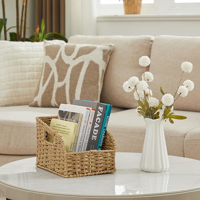 Wicker Baskets for Organizing,Pantry, Kitchen Counter with Handles, Handwoven Woven Storage Baskets for Fruit, Bread, Vegetable, Paper Storage Bins for Shelves, 3 Pack, Natural