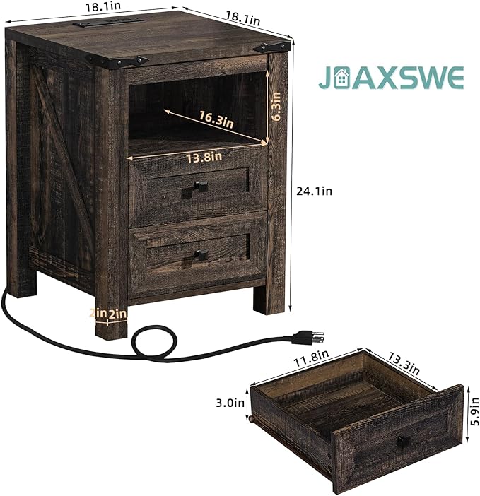 Nightstand with Charging Station and USB Port, Farmhouse Side End Table with 2 Drawers and Shelf Storage, Wooden Sofa Table, Bedside Cabinet for Bedroom, Living Room, Closet, Office (Dark Oak)