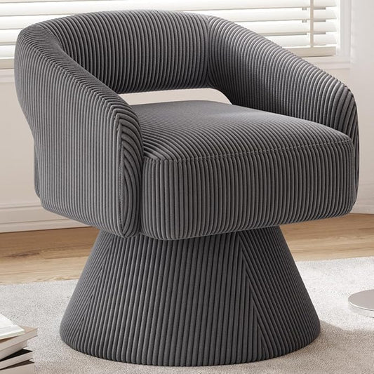 LINSY Swivel Barrel Chair, 360° Modern Swivel Accent Chair with Arms, Boucle Swivel Chair Gray Corduroy Chairs for Bedroom Living Room Small Spaces