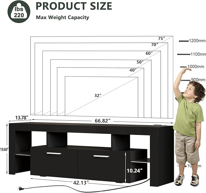 Clikuutory Modern LED Black 67 inch TV Stand with Power Outlet and Large Storage for 40 50 55 60 65 70 75 Inch TVs, Wood TV Console with High Glossy Entertainment Center for Living Room, Bedroom