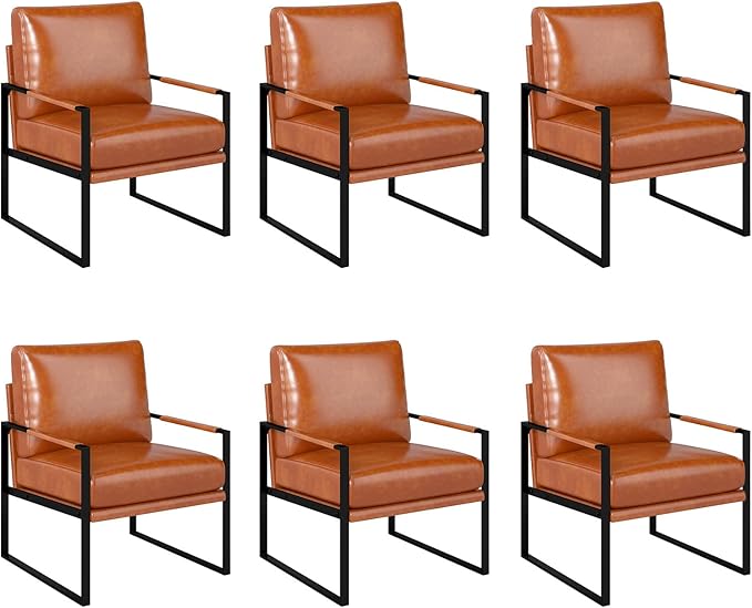 Phoenix Home Mid Century Modern Faux Leather Accent Chair Set of 6, Metal Framed Armchair with Extra Soft Removable Seat Cushion & Backrest for Living Room Bedroom Waiting Room, Easy to Clean, Brown