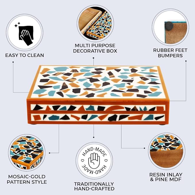 Handicrafts Home Handmade Mosaic Collection Decorative Jewelry Box Organizer – Keepsakes, Trinkets, and Home Decor – Antique Coffee Table Storage, Memory Box, Farmhouse Style Decor Gold, 8x6x1.5