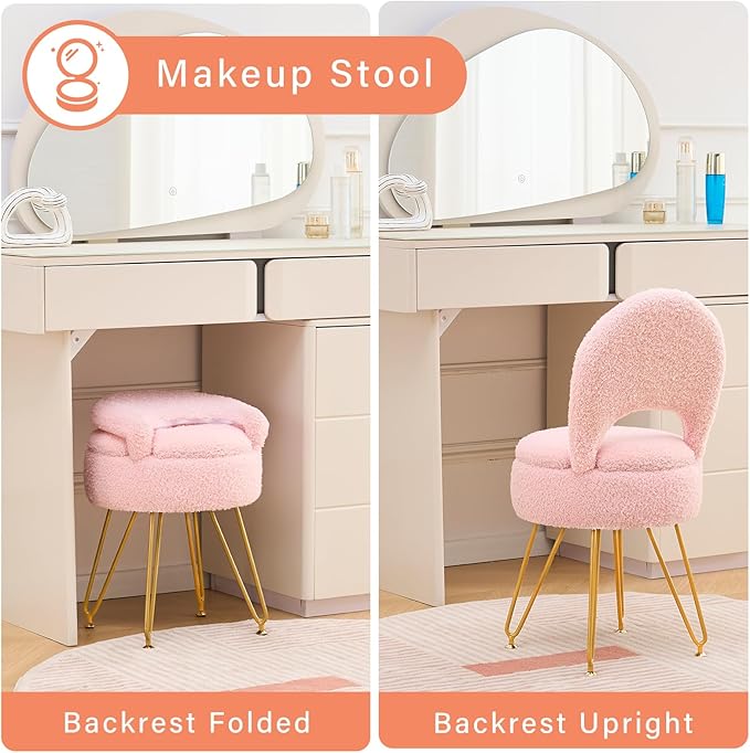Storage Ottoman Vanity Stool Chair with Folding Back Teddy Velvet Makeup Chair Multifunctional Upholstered Footstool,4 Metal Legs with Anti-Slip Feet for Bedroom Living Room Entryway