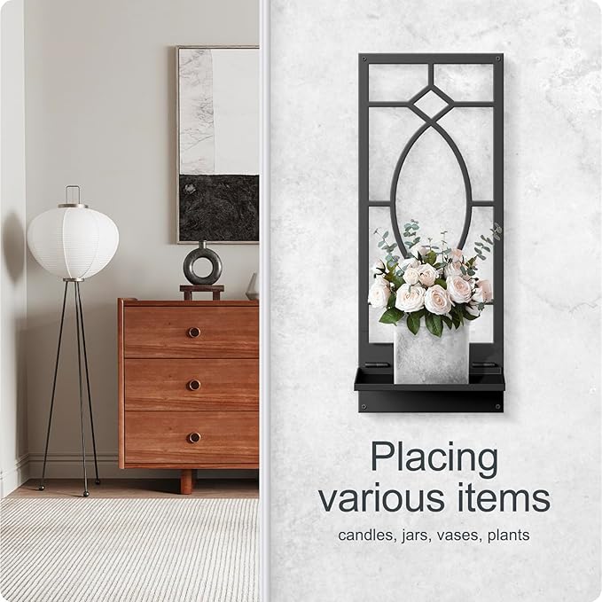 Candle Wall Sconces Set of 2, Black Metal Minimalism Wall Candle Holder for Living Room, Dining Room, Bedroom, Bathroom (2 Pack, 16.5 x 7 in)